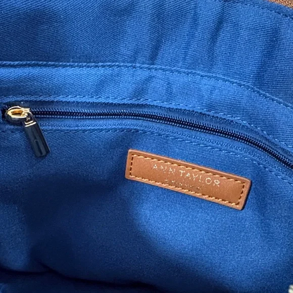 Ann Taylor Blue & White Crochet Stripe and Tan Leather Tote Bag Purse - Picture 8 of 8